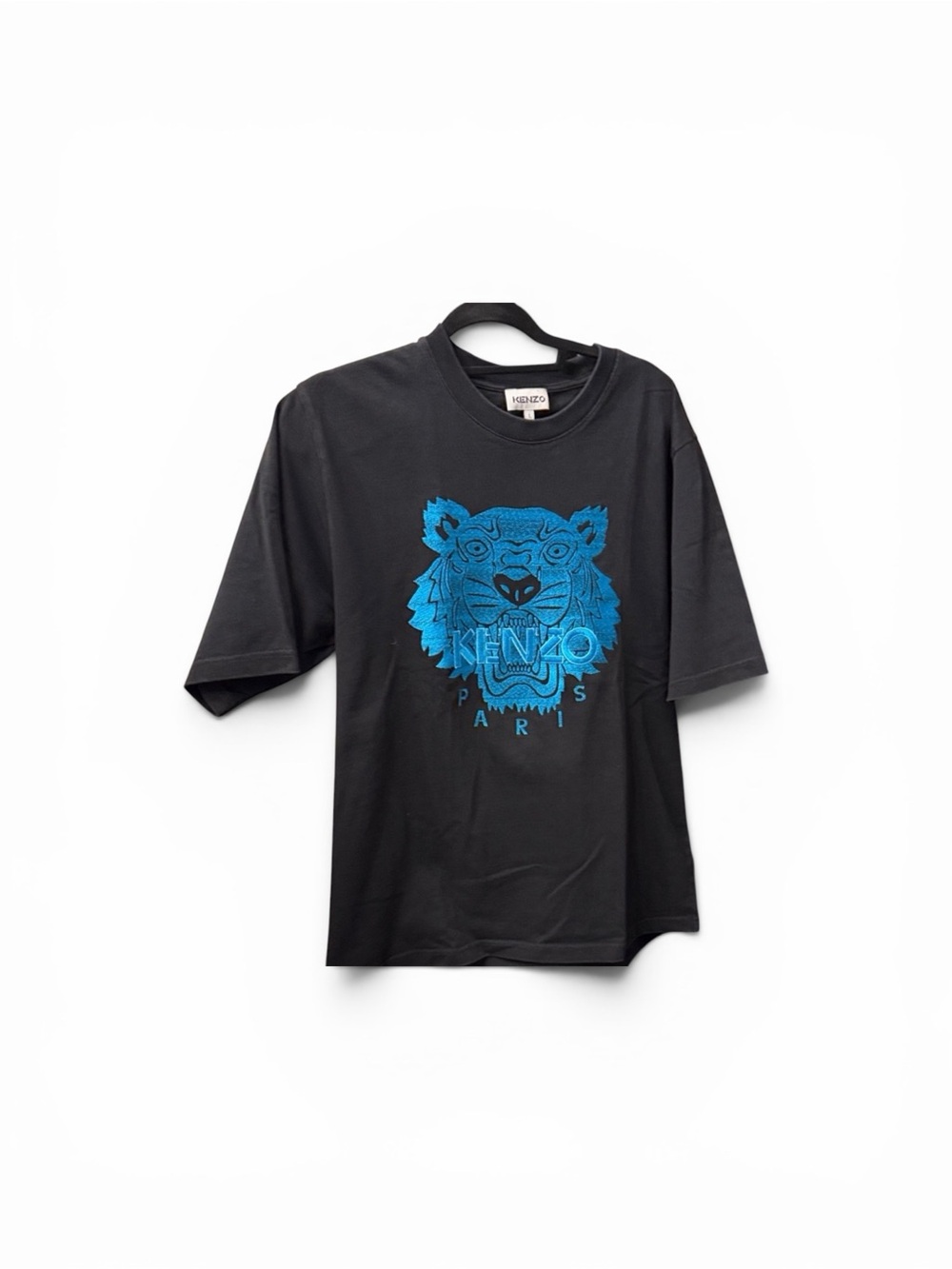 Kenzo Black Tee with Vibrant embroidered Blue Tiger Motif- US equivalent Large
